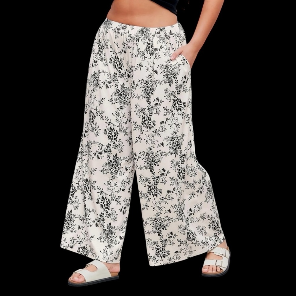 Cider Wide Leg Black Floral Elastic Waist Ivory Pants w/‎ Pockets Size 1X #162